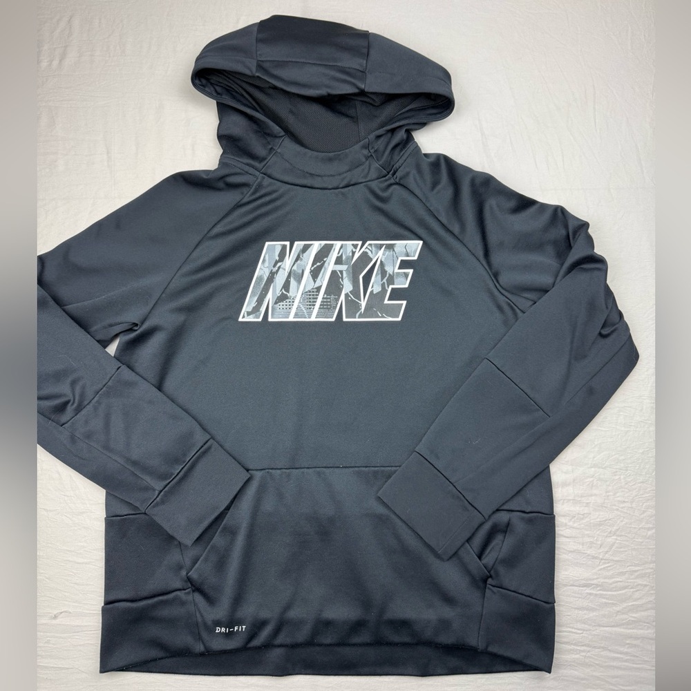 Nike Black Hooded Pullover with Marble-Pattern Logo